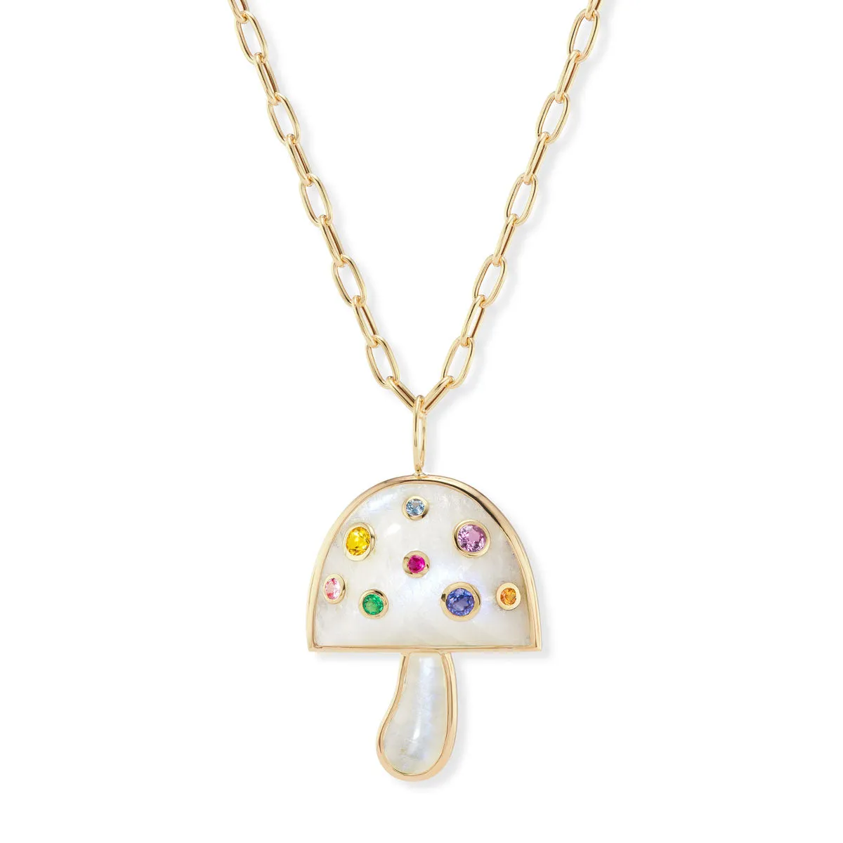 Large Magic Mushroom Pendant with Rainbow Moonstone and 
 Multi-Colored Sapphires