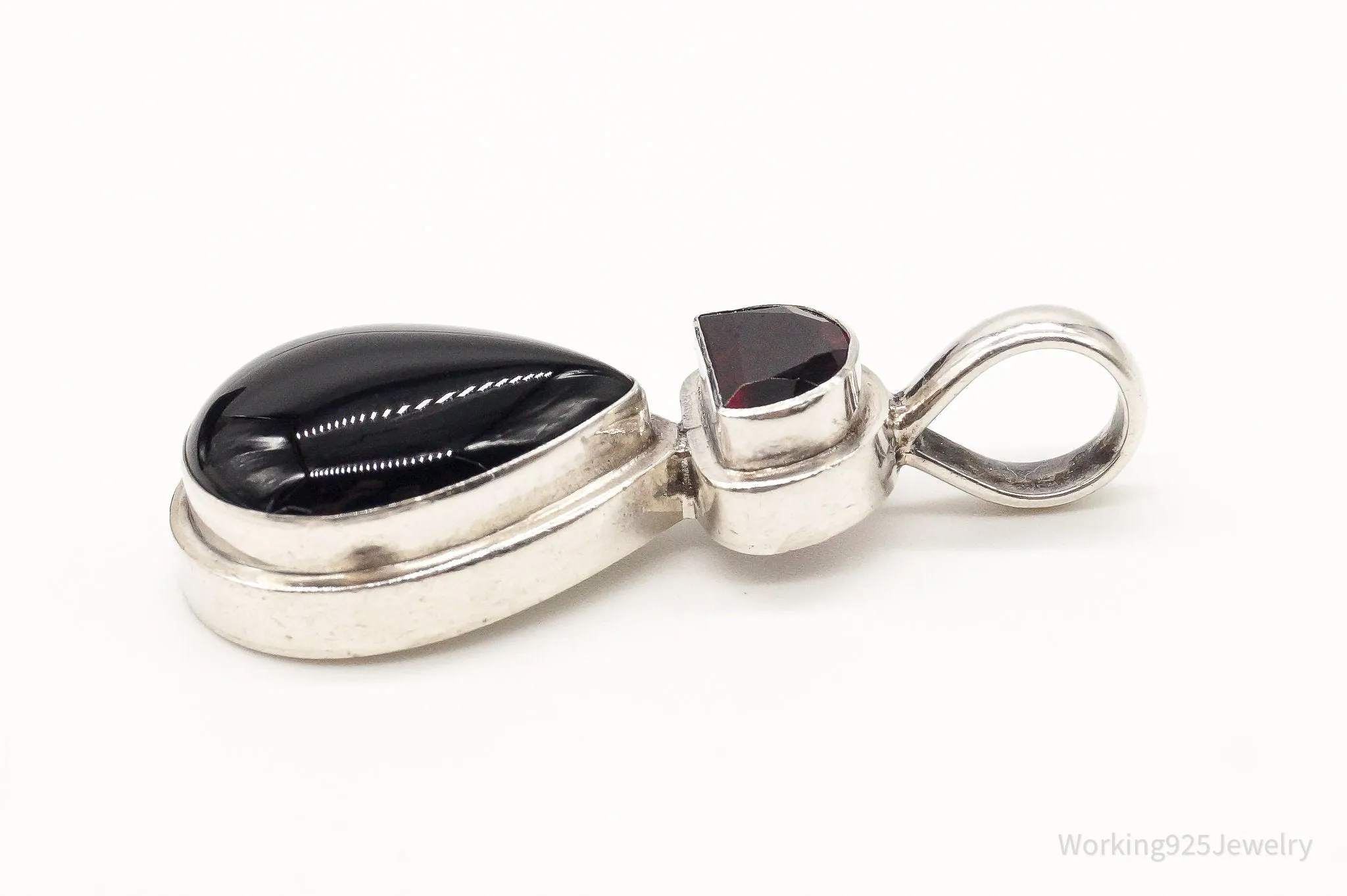 Large Vintage Black Onyx Garnet Sterling Silver Pendant