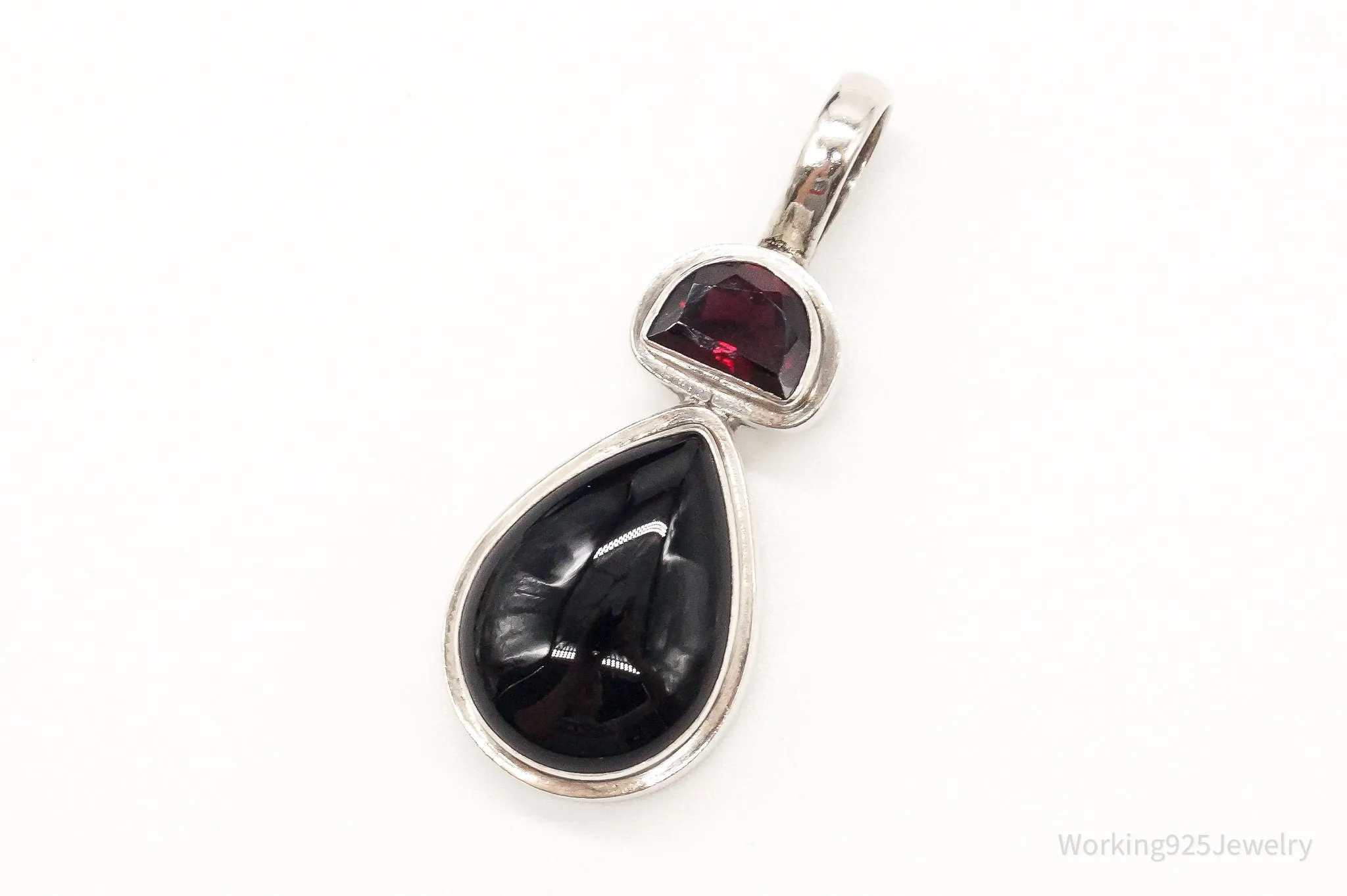 Large Vintage Black Onyx Garnet Sterling Silver Pendant
