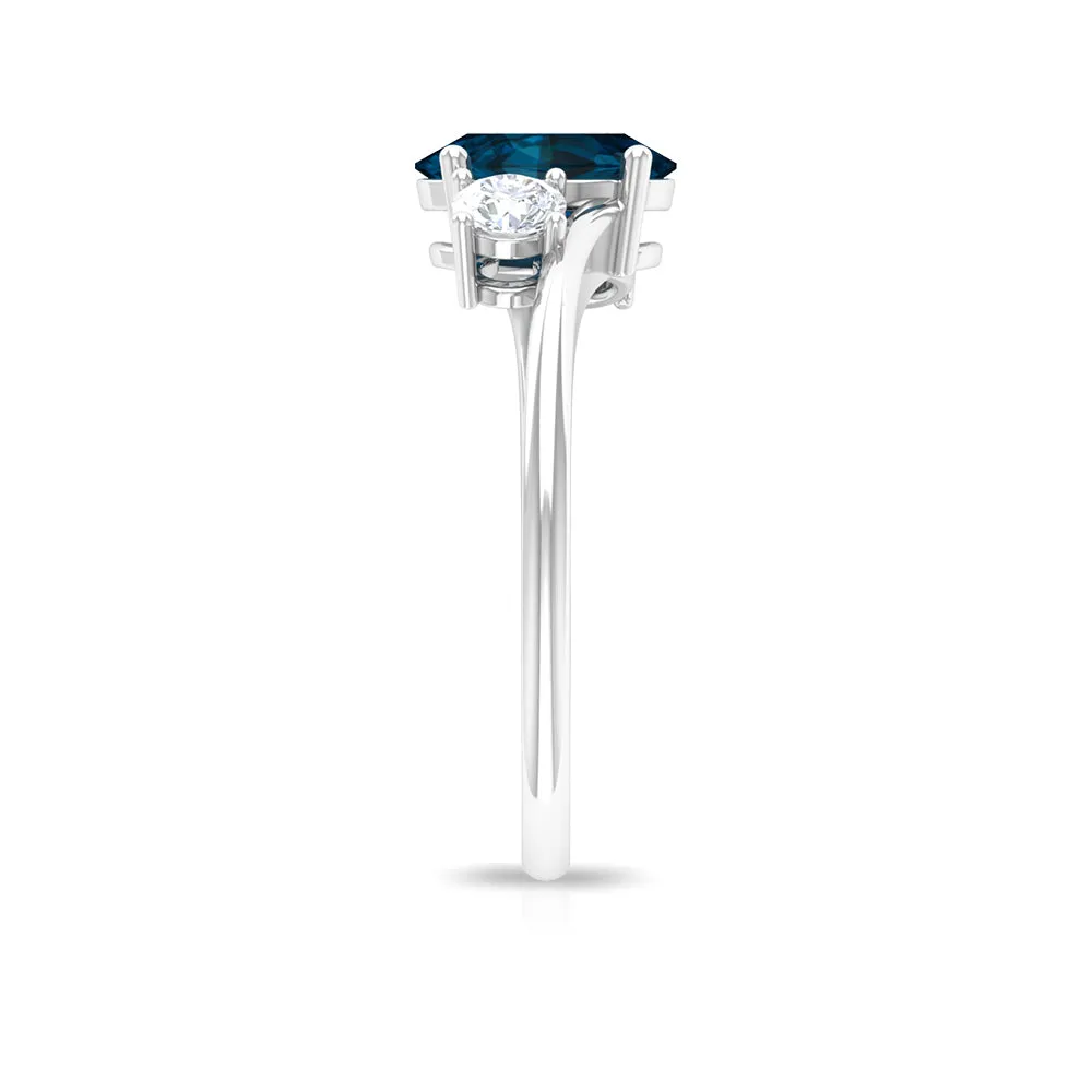 London Blue Topaz Solitaire Bypass Ring with Diamond Side Stones