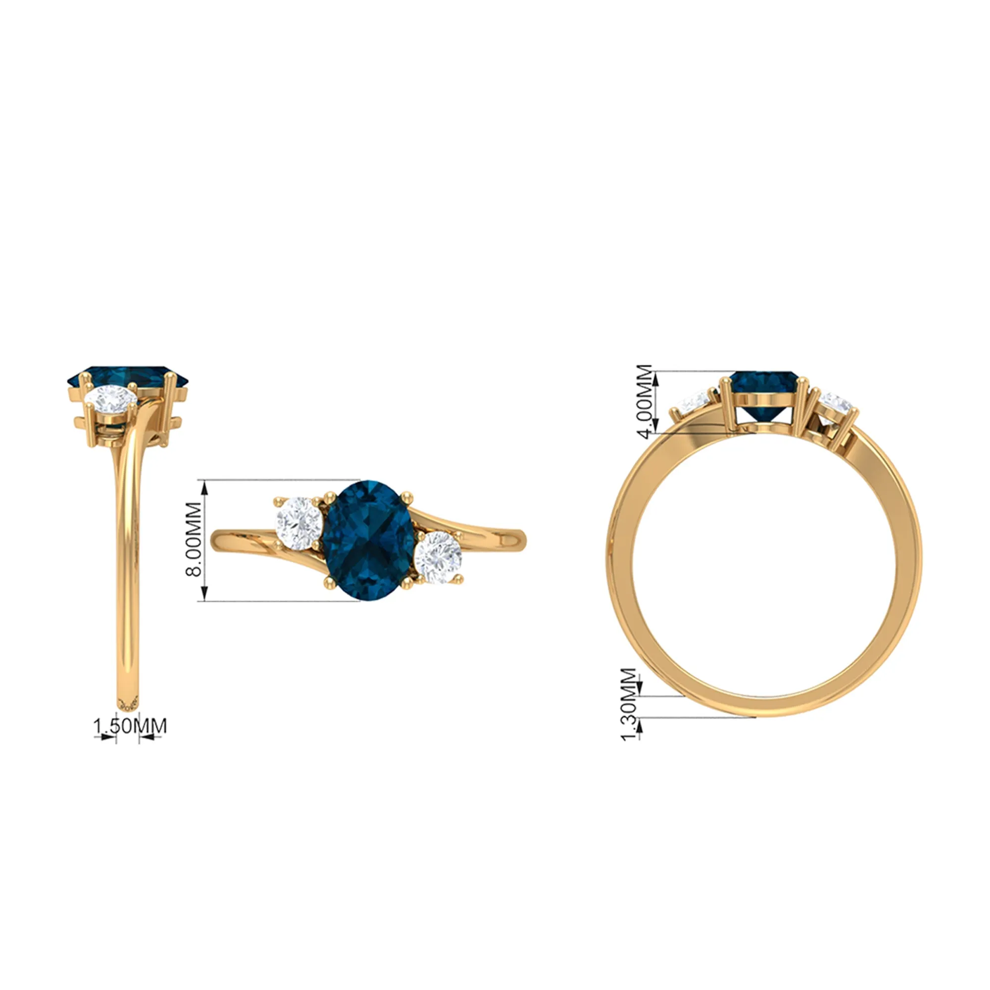 London Blue Topaz Solitaire Bypass Ring with Diamond Side Stones