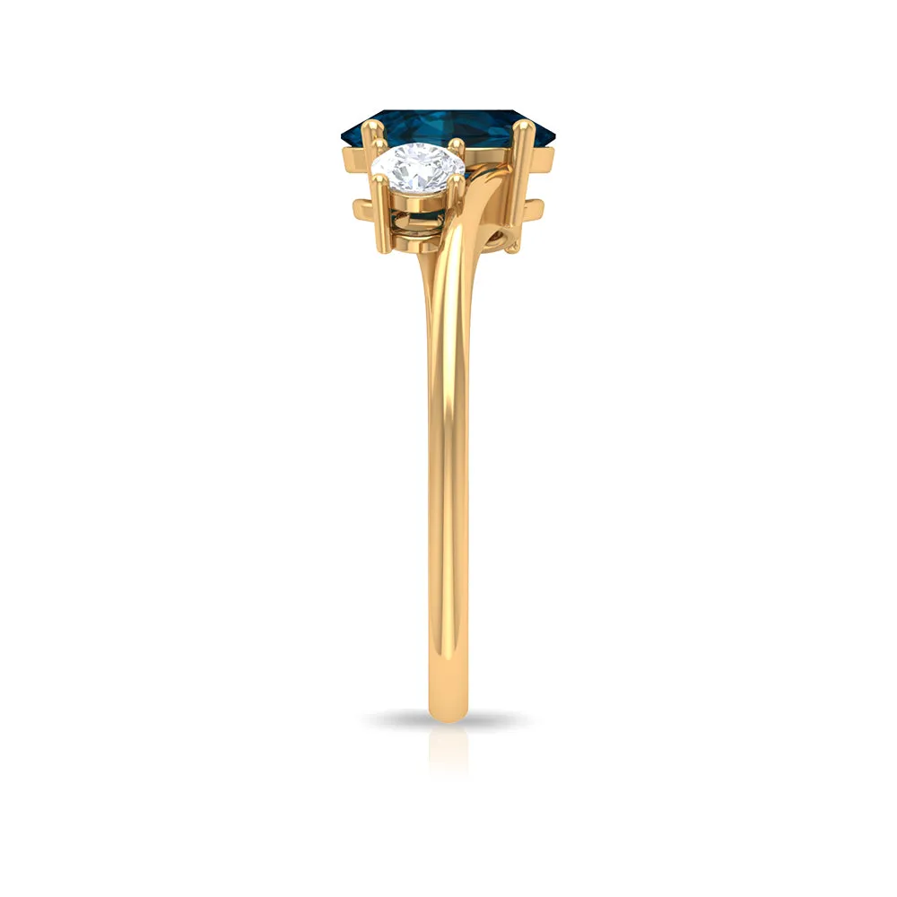 London Blue Topaz Solitaire Bypass Ring with Diamond Side Stones