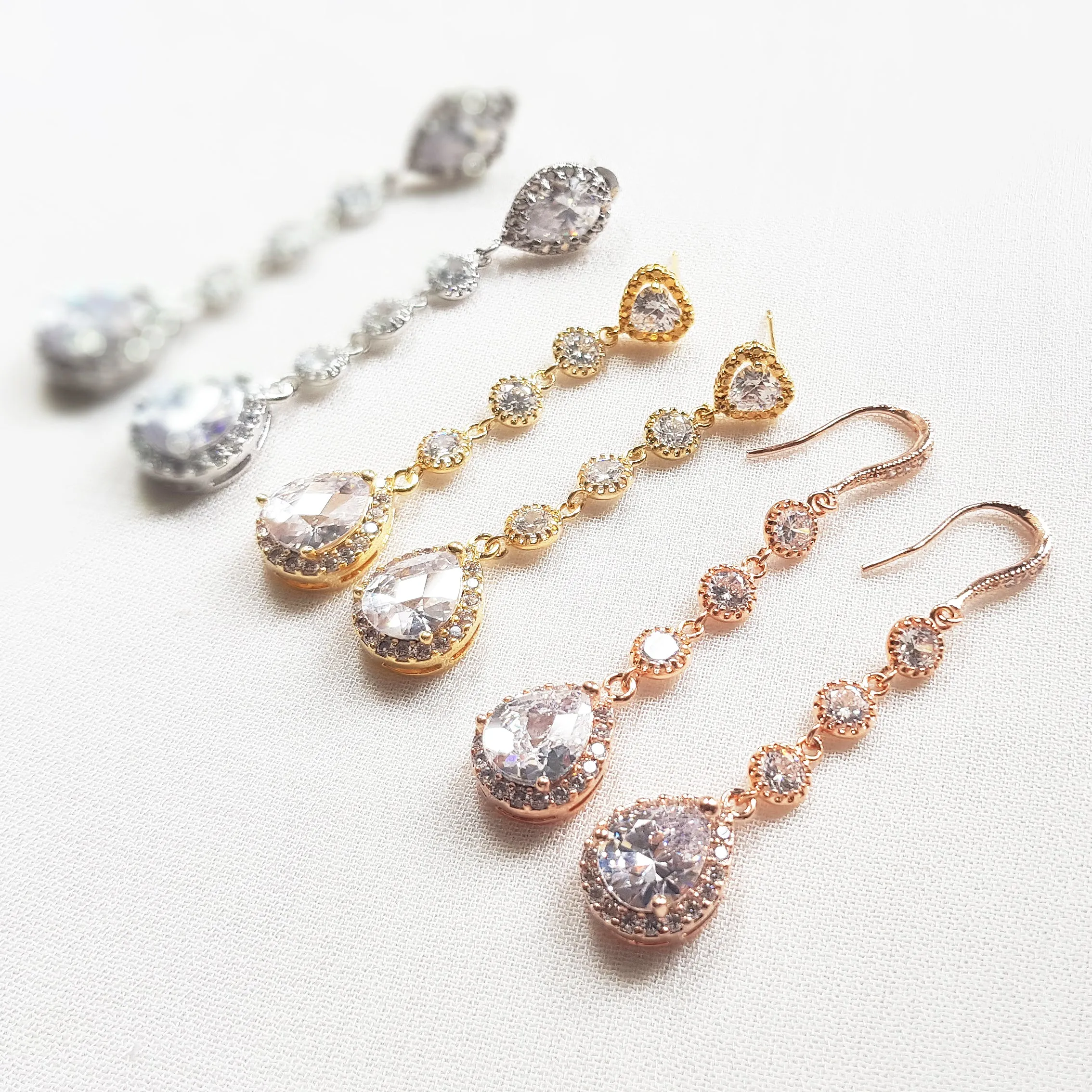 Long teardrop bridal earrings, dangle and drop earrings