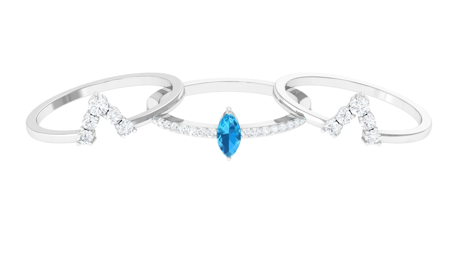 Marquise Shape Swiss Blue Topaz Solitaire Ring Set with Moissanite