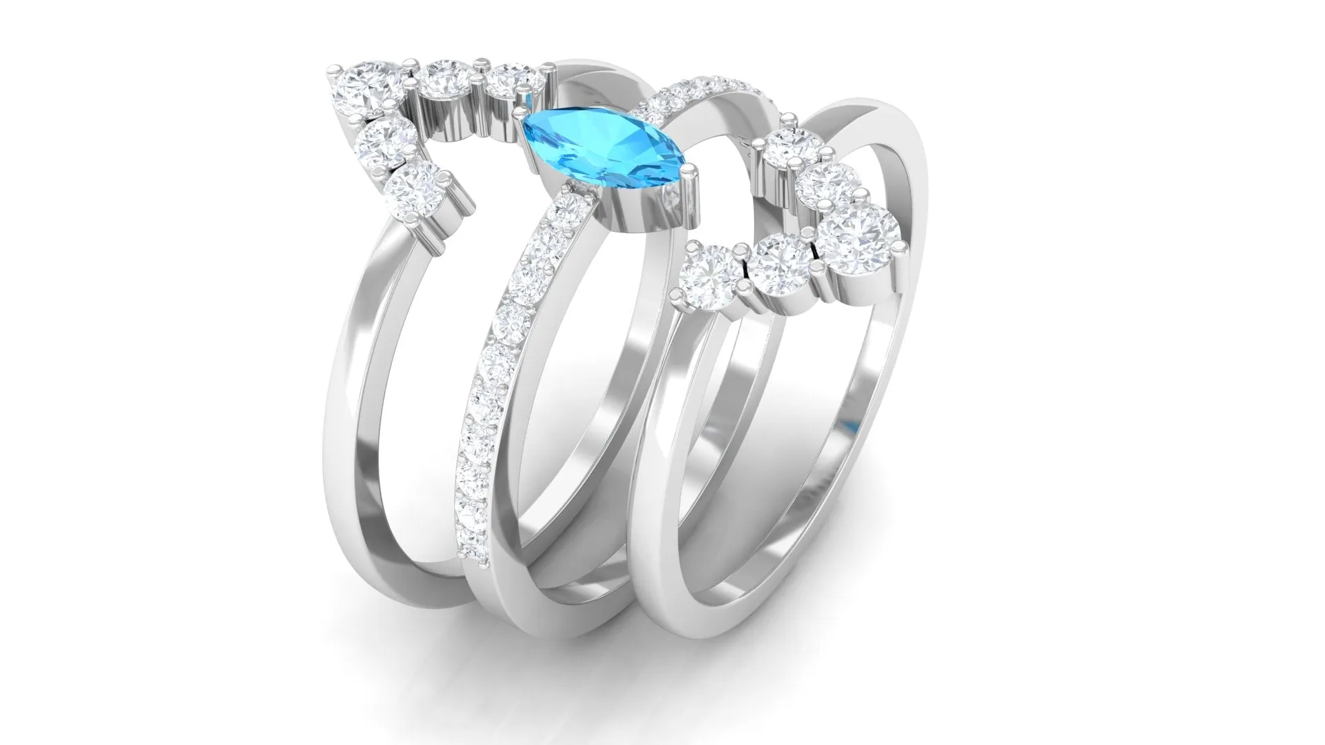 Marquise Shape Swiss Blue Topaz Solitaire Ring Set with Moissanite