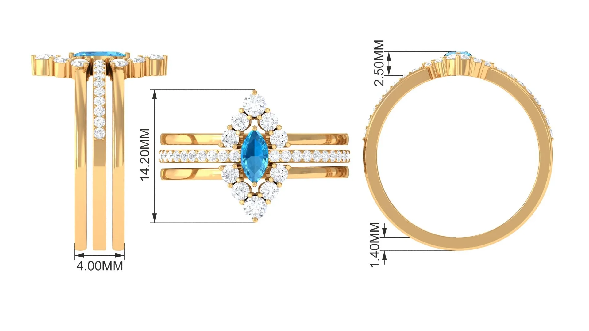 Marquise Shape Swiss Blue Topaz Solitaire Ring Set with Moissanite