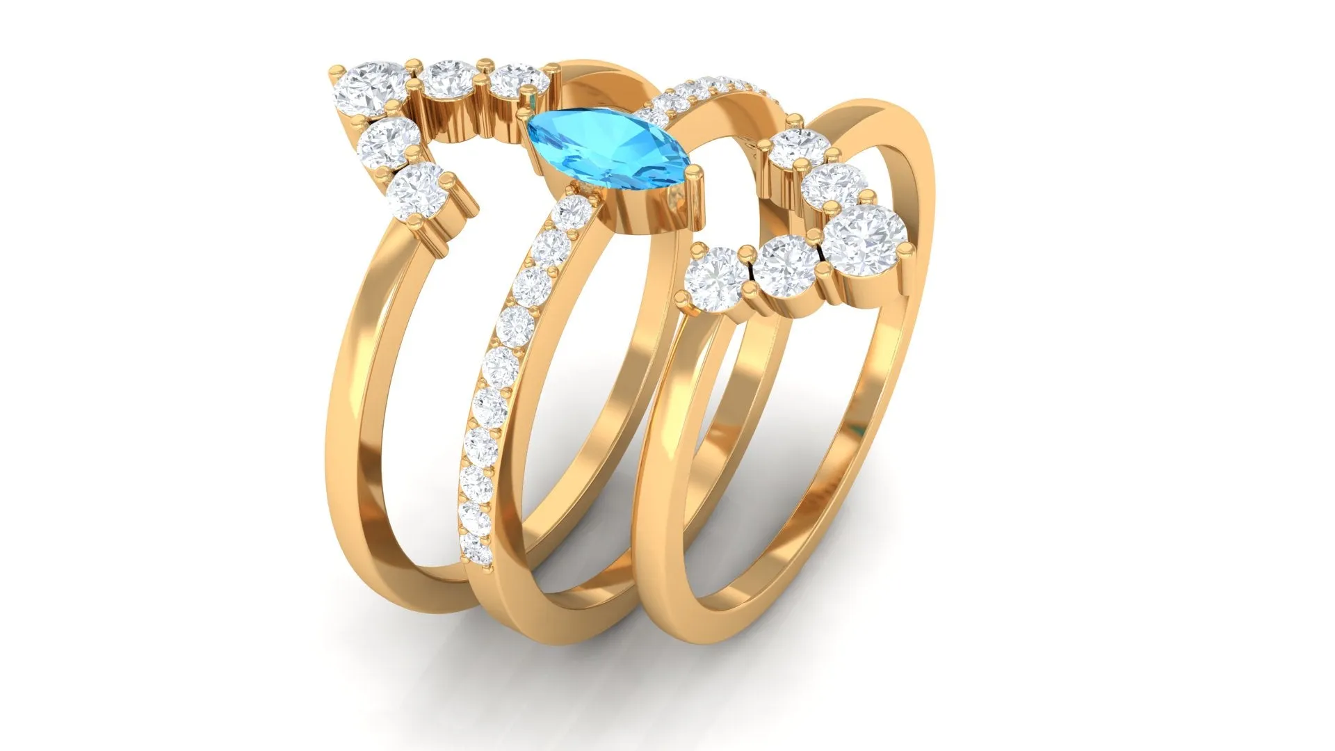 Marquise Shape Swiss Blue Topaz Solitaire Ring Set with Moissanite