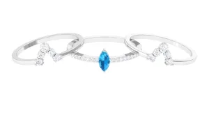Marquise Shape Swiss Blue Topaz Solitaire Ring Set with Moissanite