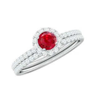 Minimal Created Ruby Halo Wedding Ring Set with Moissanite