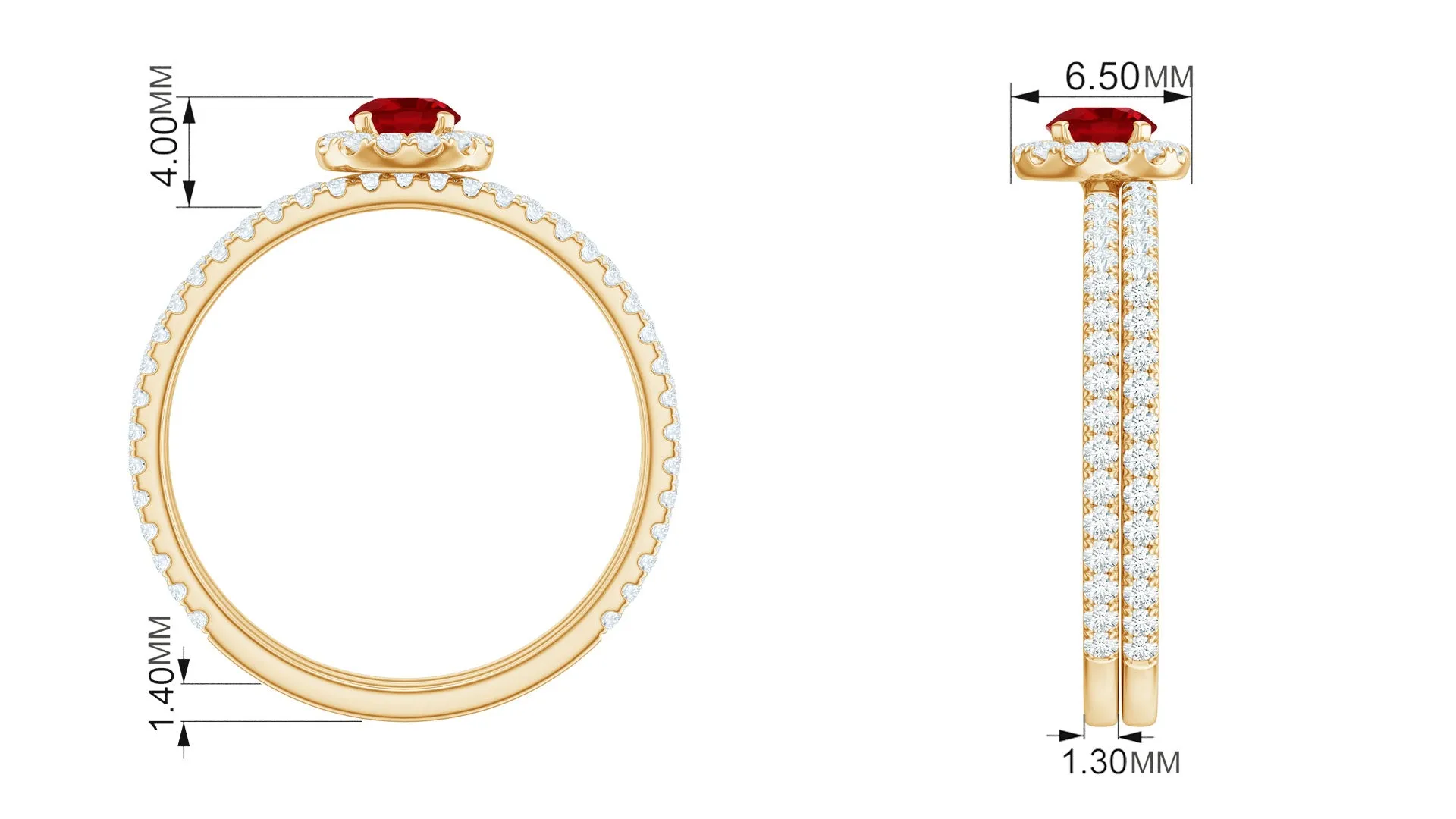 Minimal Created Ruby Halo Wedding Ring Set with Moissanite