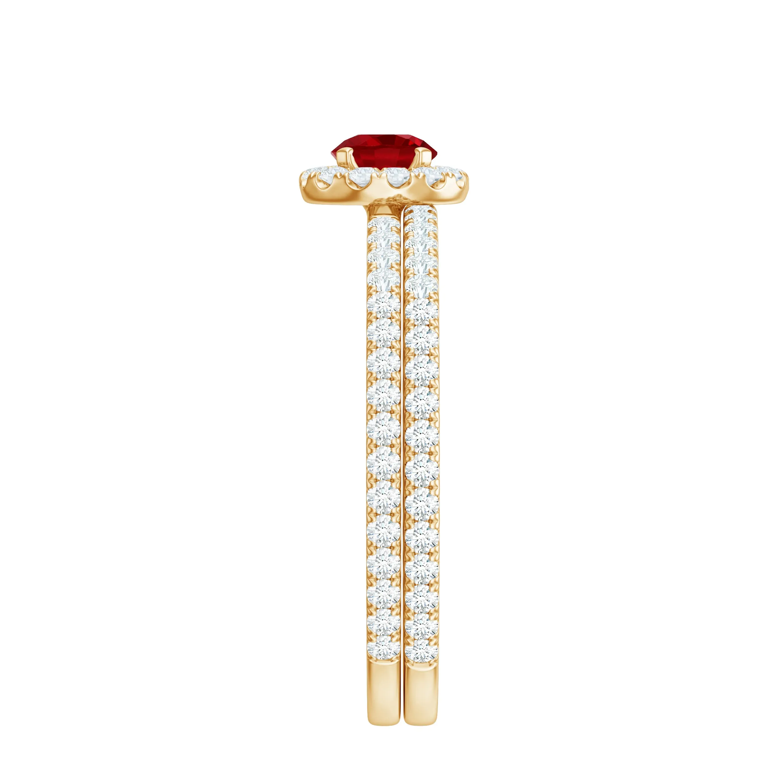 Minimal Created Ruby Halo Wedding Ring Set with Moissanite