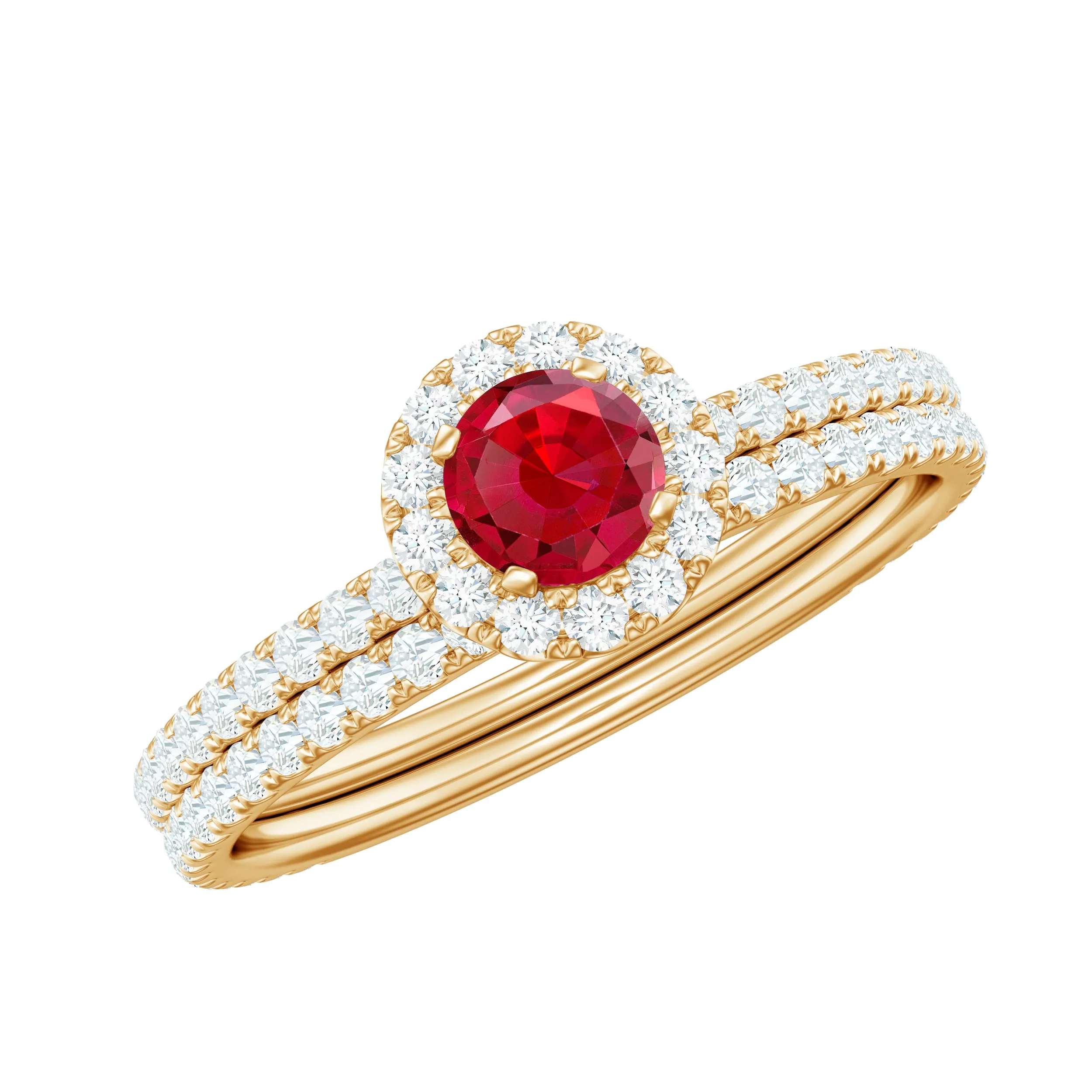 Minimal Created Ruby Halo Wedding Ring Set with Moissanite