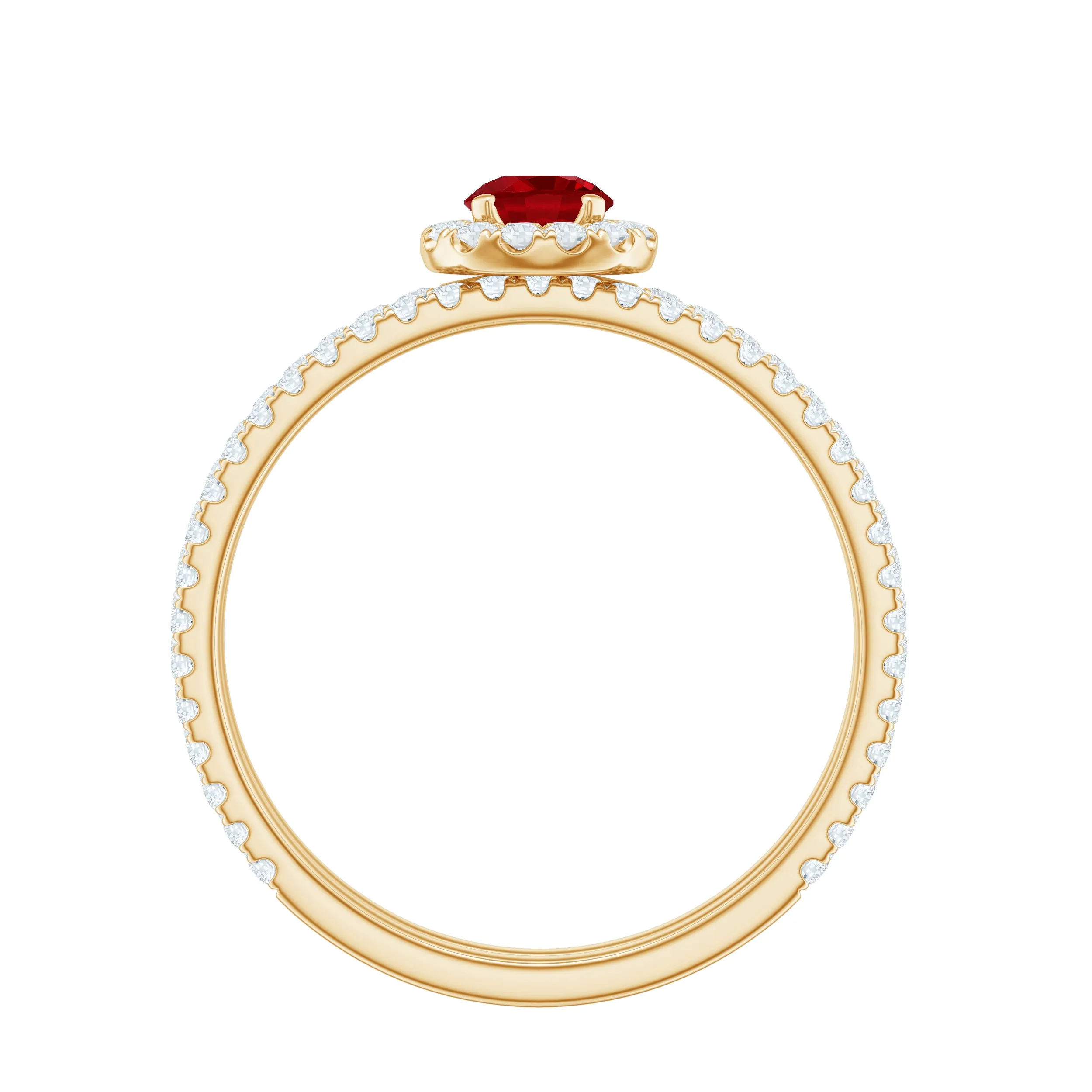 Minimal Created Ruby Halo Wedding Ring Set with Moissanite