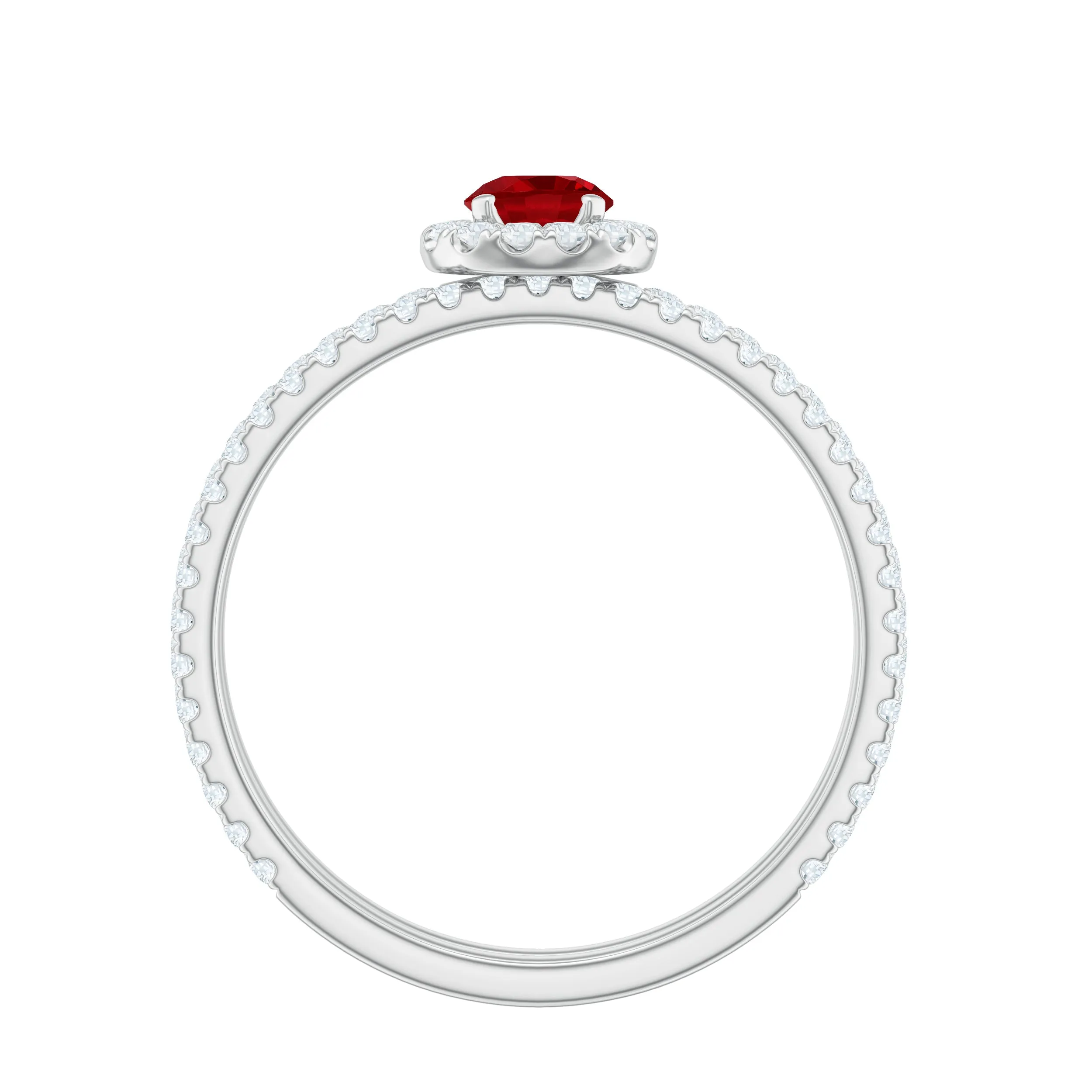 Minimal Created Ruby Halo Wedding Ring Set with Moissanite