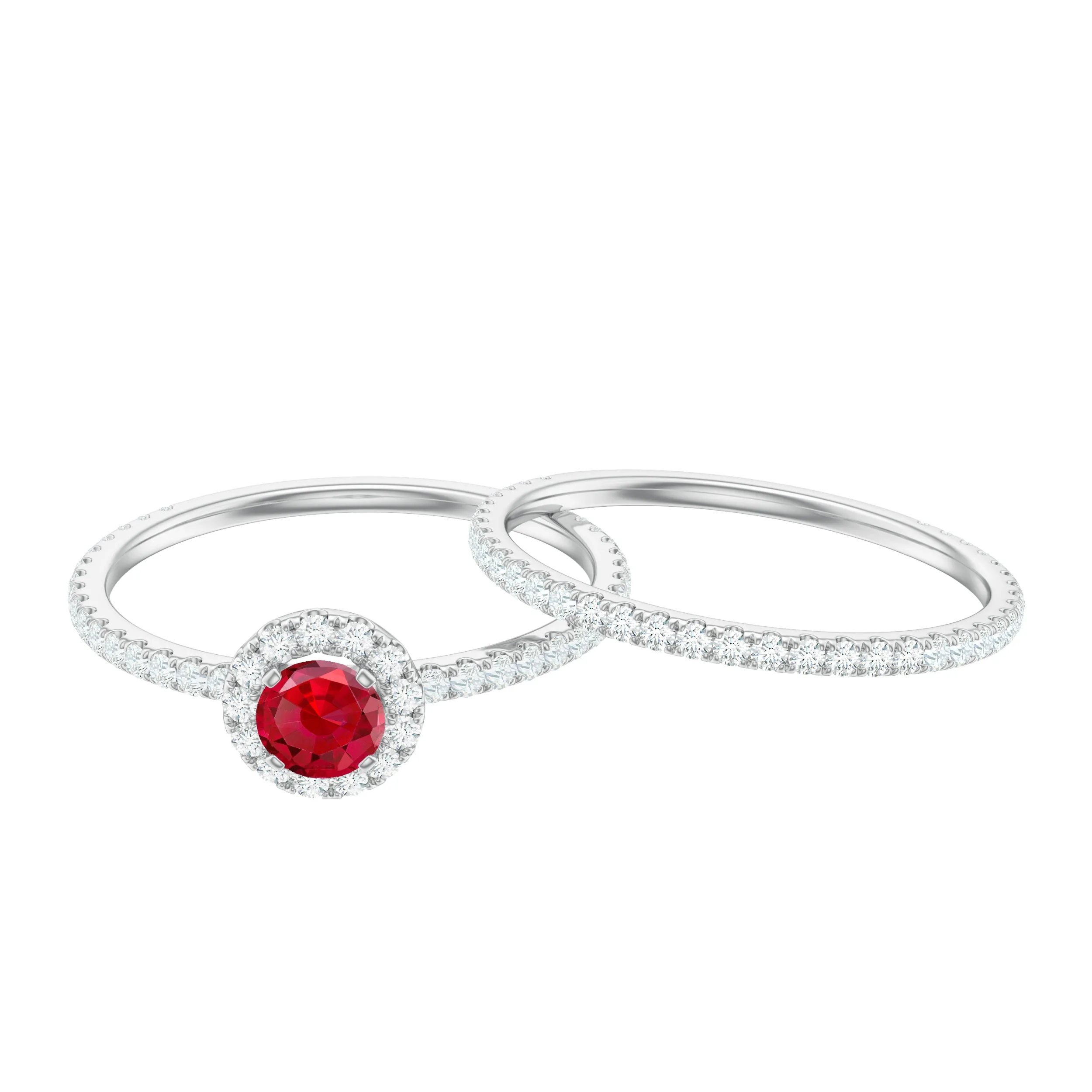 Minimal Created Ruby Halo Wedding Ring Set with Moissanite
