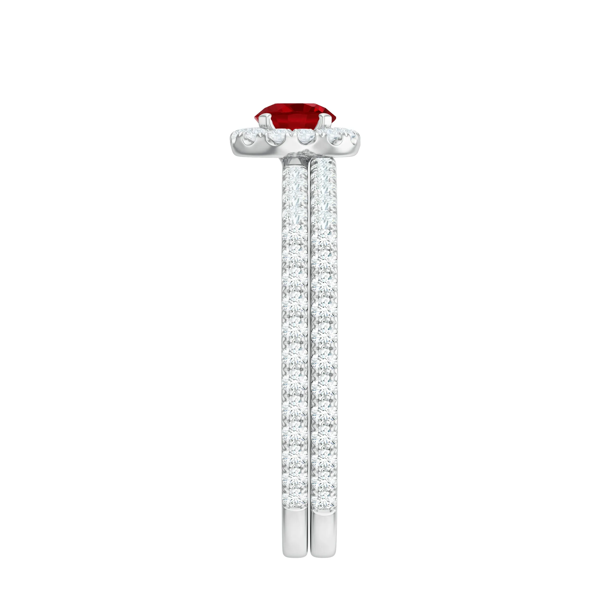 Minimal Created Ruby Halo Wedding Ring Set with Moissanite