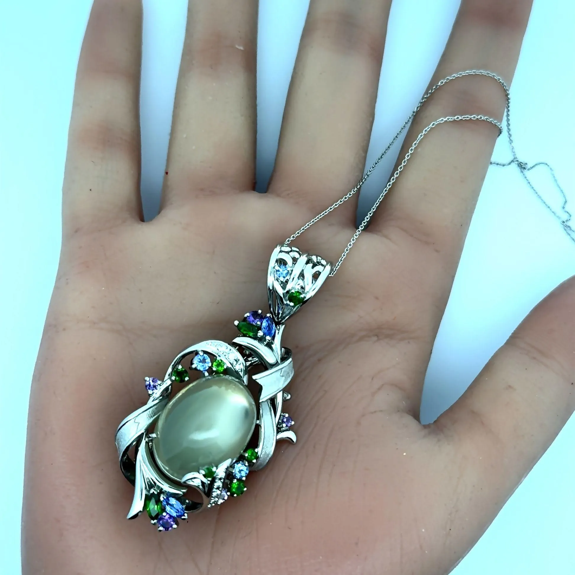 Moonstone Diamond Multi-Color Gemstone Platinum Brooch & Pendant