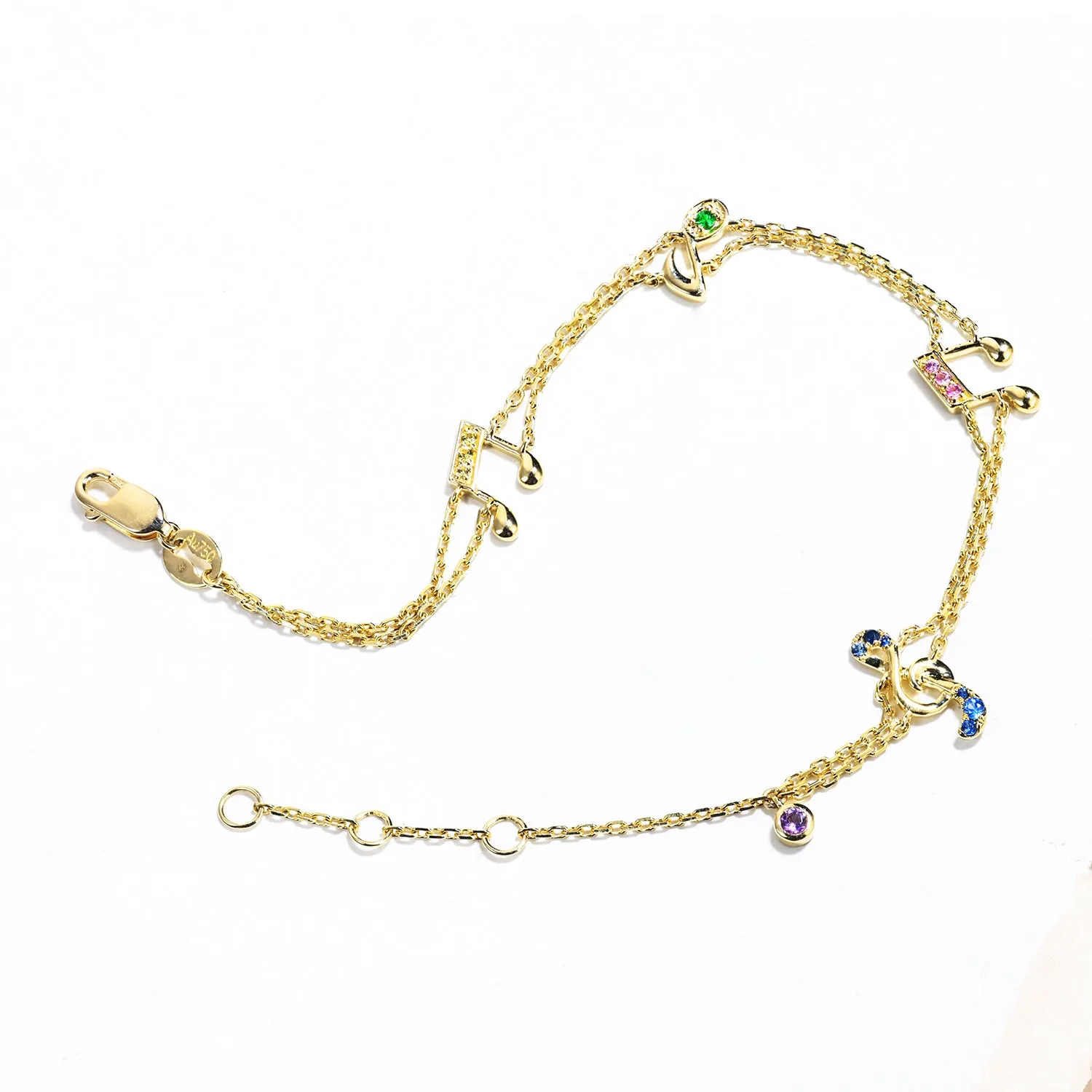 Multi Gems Musical Note Two-Strand Charm Bracelet