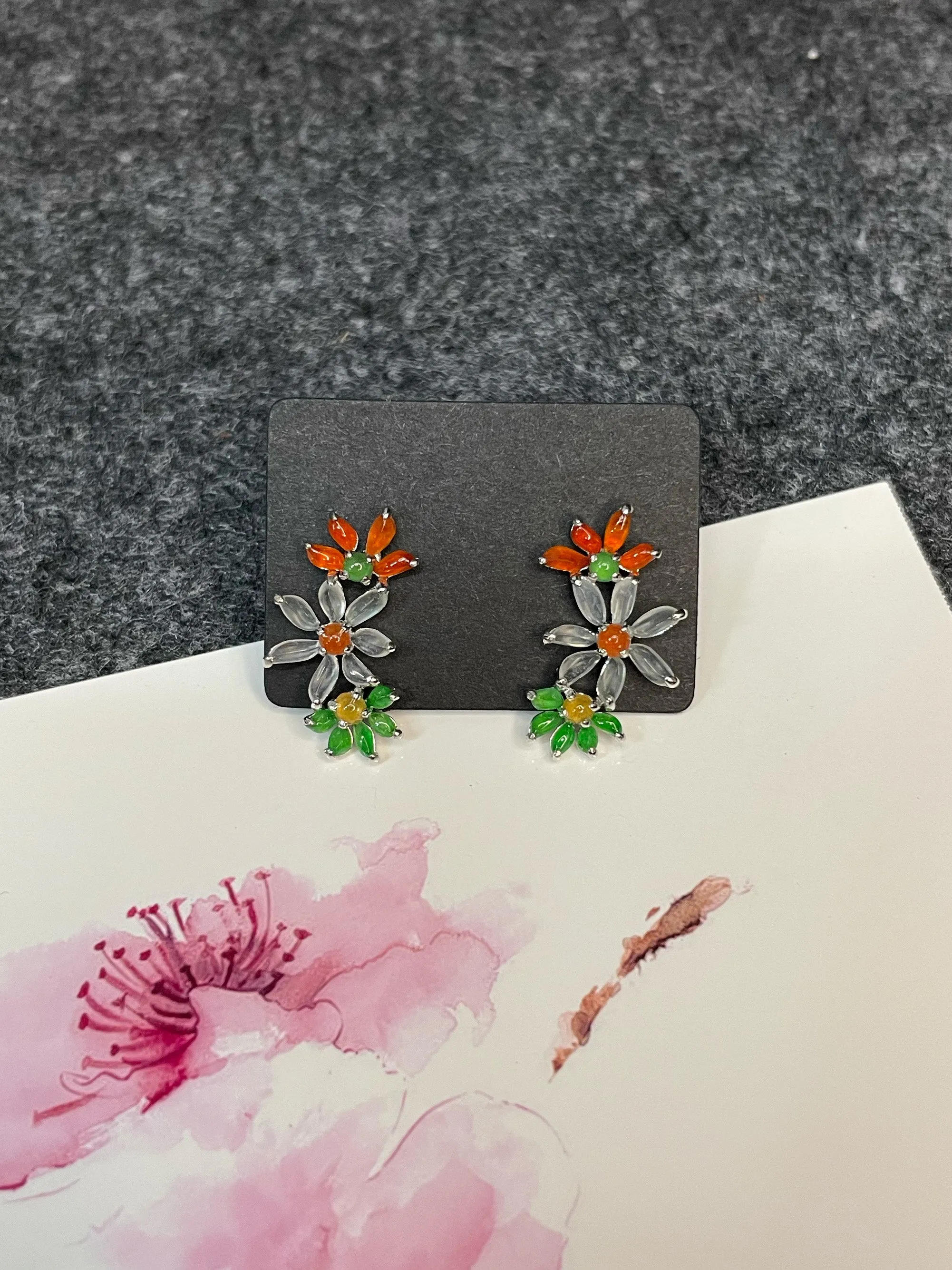 Multicoloured Jade Earrings  - Flowers (NJE092)