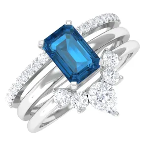 Octagon Cut London Blue Topaz Solitaire Ring Set with Diamond