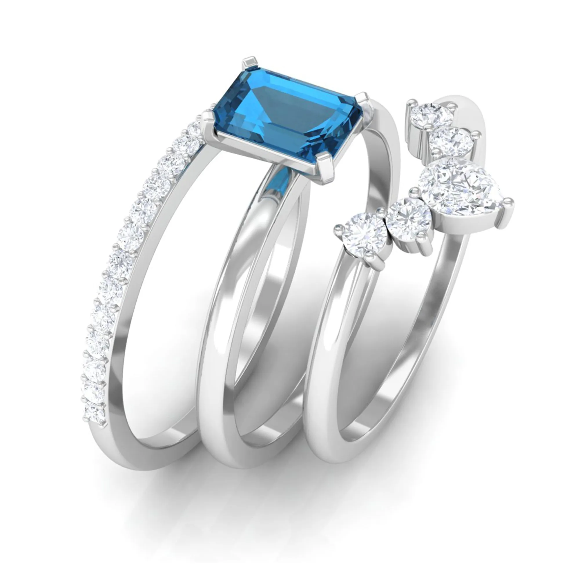 Octagon Cut London Blue Topaz Solitaire Ring Set with Diamond