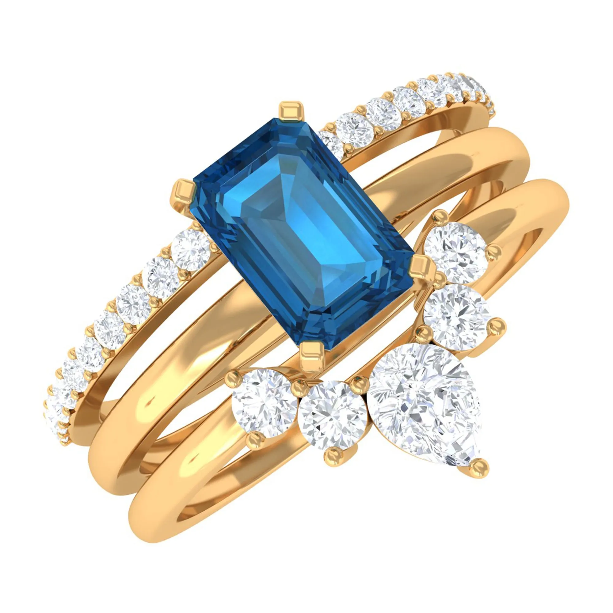 Octagon Cut London Blue Topaz Solitaire Ring Set with Diamond