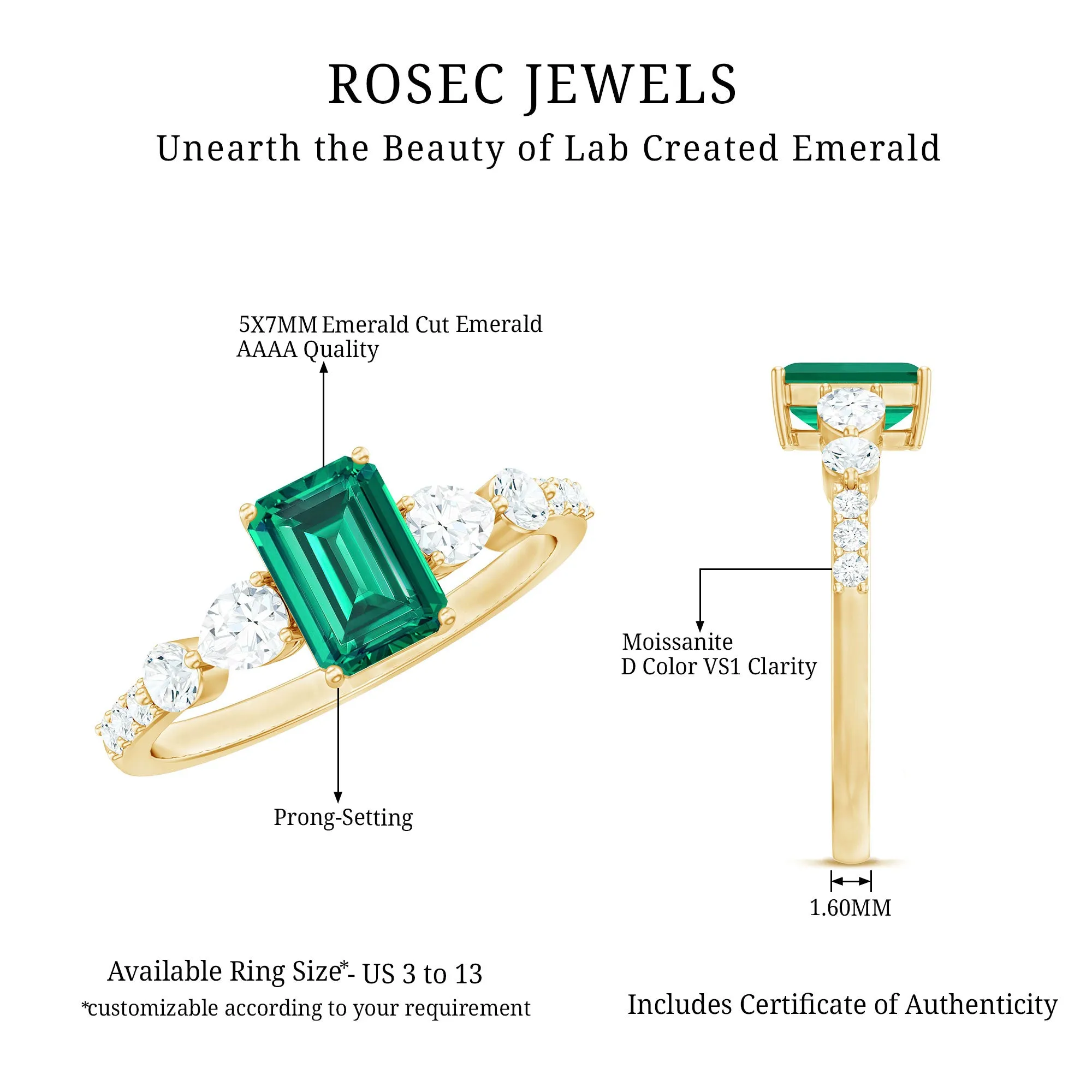 Octagon Lab Created Emerald Classic Solitaire Engagement Ring with Moissanite