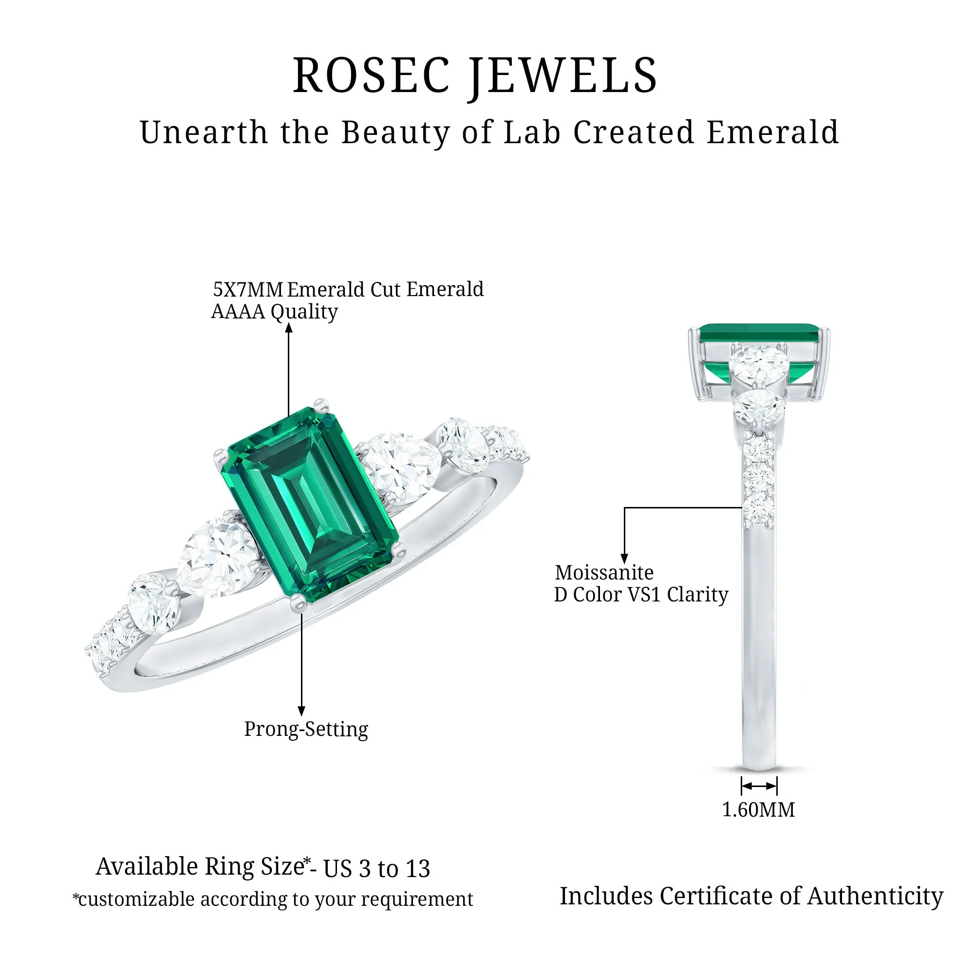 Octagon Lab Created Emerald Classic Solitaire Engagement Ring with Moissanite