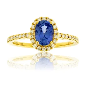 Oval Blue Sapphire and Diamond Halo Ring