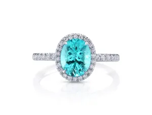 Paraiba Tourmaline and Diamond Halo Ring in Platinum