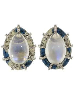 Pear Shaped Moonstone, Diamond and Garnite Earclips
