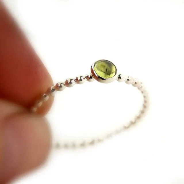 Peridot Beaded Band Stacking Ring - 925 Sterling Silver Stacking Birthstone Ring - 4mm green cabochon stone - Stackable August Birthstone Ring