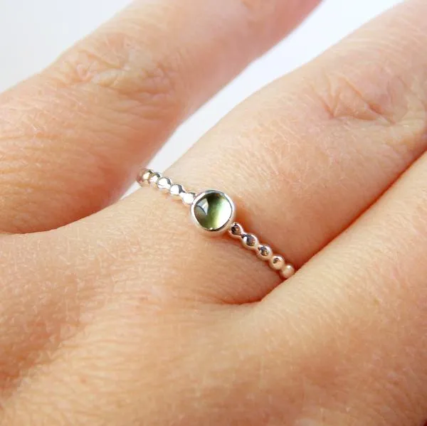Peridot Beaded Band Stacking Ring - 925 Sterling Silver Stacking Birthstone Ring - 4mm green cabochon stone - Stackable August Birthstone Ring