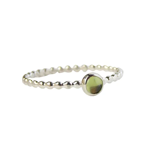 Peridot Beaded Band Stacking Ring - 925 Sterling Silver Stacking Birthstone Ring - 4mm green cabochon stone - Stackable August Birthstone Ring