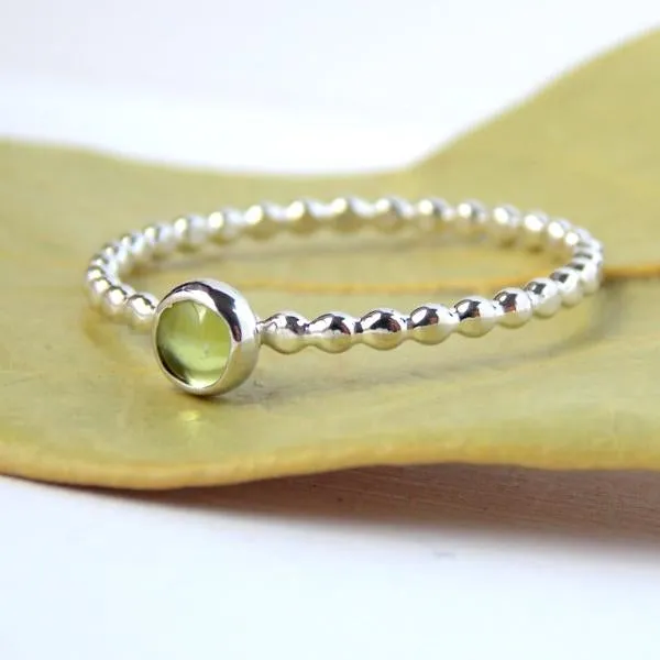 Peridot Beaded Band Stacking Ring - 925 Sterling Silver Stacking Birthstone Ring - 4mm green cabochon stone - Stackable August Birthstone Ring