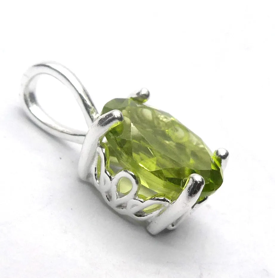 Peridot Pendant, Dainty Faceted Oval, 925 Sterling Silver, g1