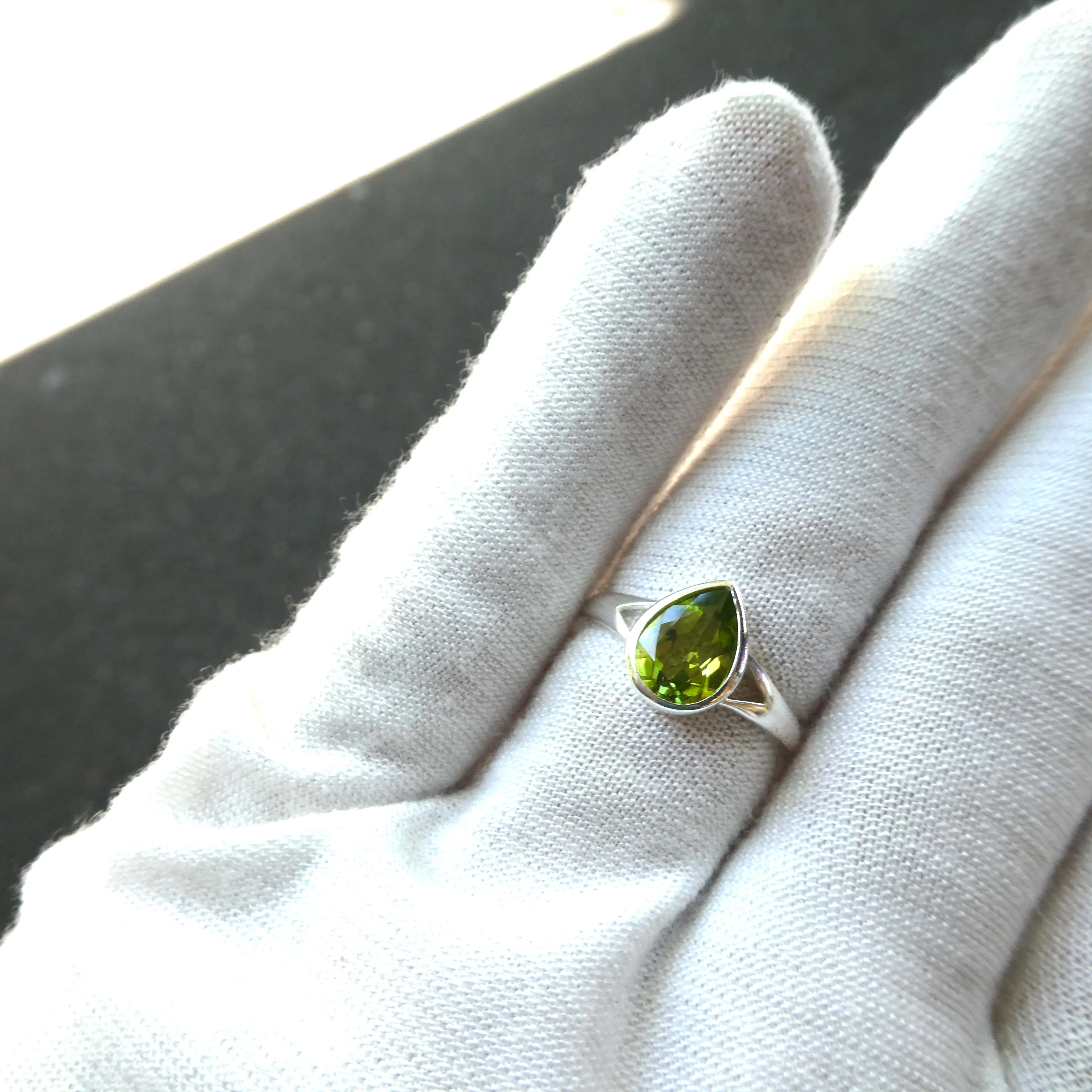 Peridot Ring, Faceted Teardrop, 925 Sterling Silver