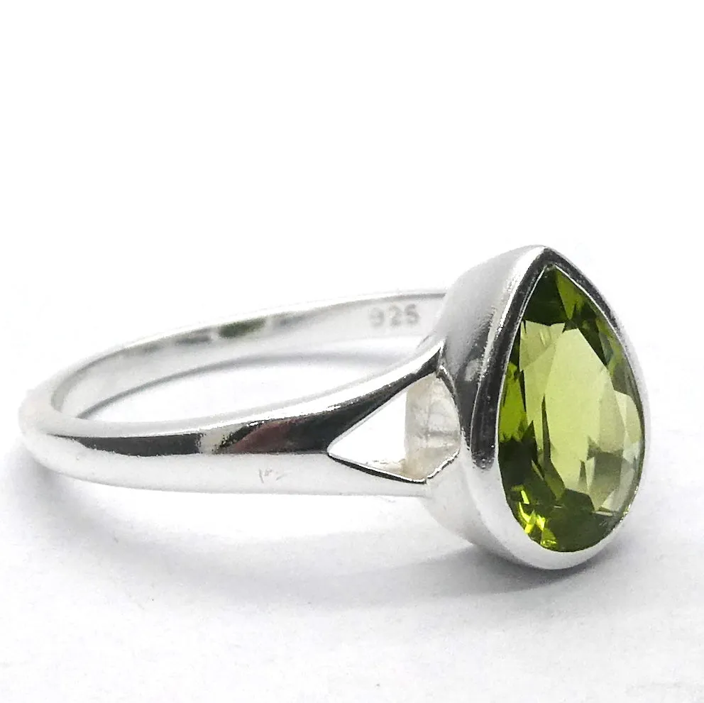 Peridot Ring, Faceted Teardrop, 925 Sterling Silver
