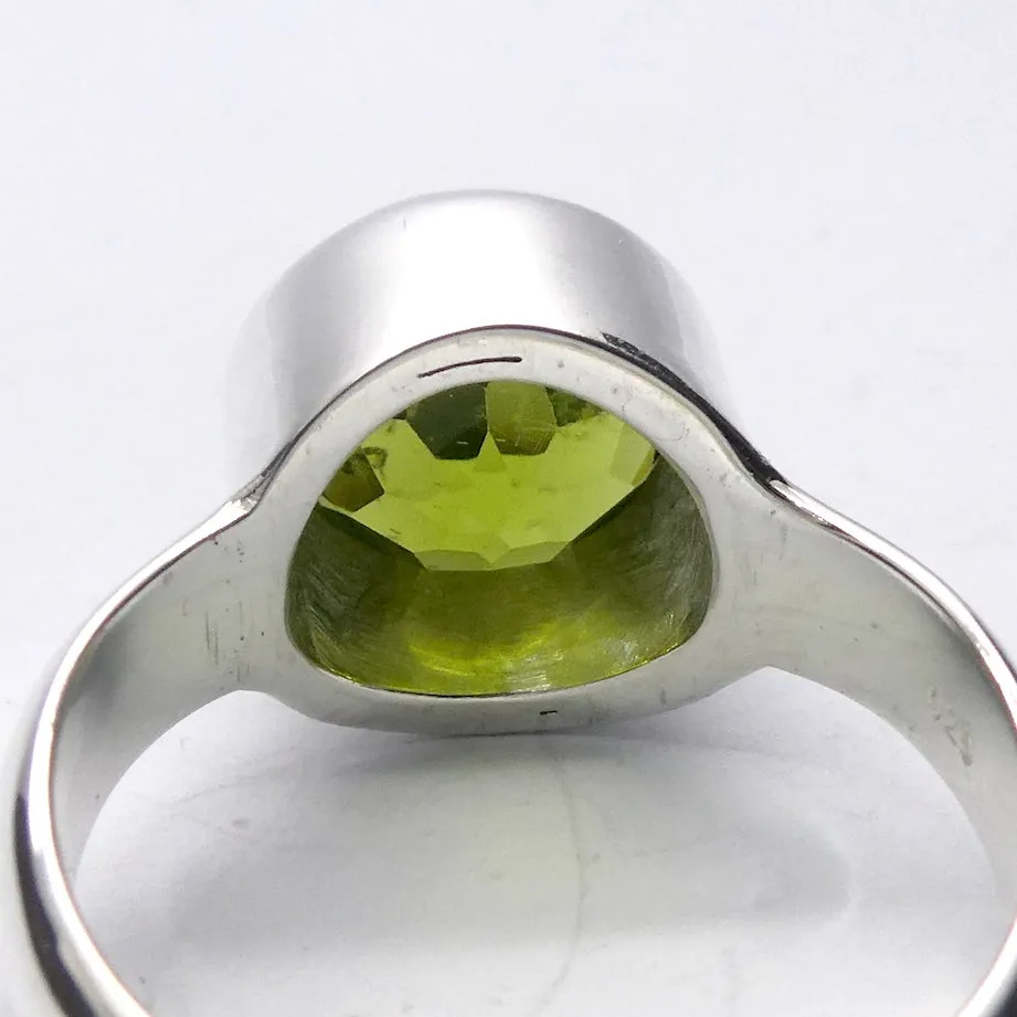 Peridot Ring, Large Faceted Round, Fine Sterling Silver US Size 9.75