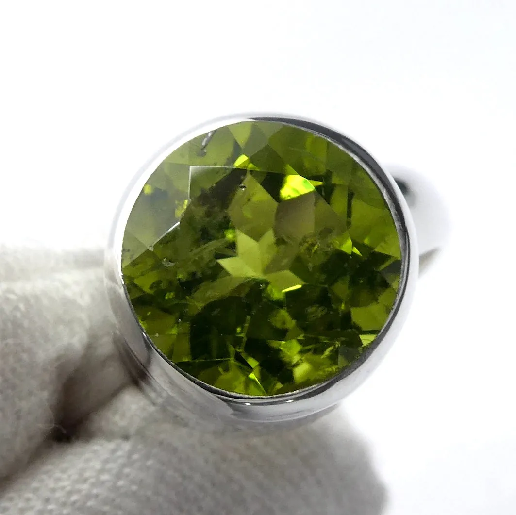 Peridot Ring, Large Faceted Round, Fine Sterling Silver US Size 9.75