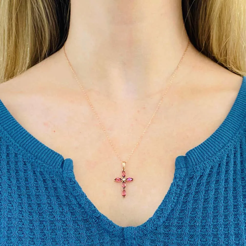 Pink Tourmaline & Diamond Cross Necklace