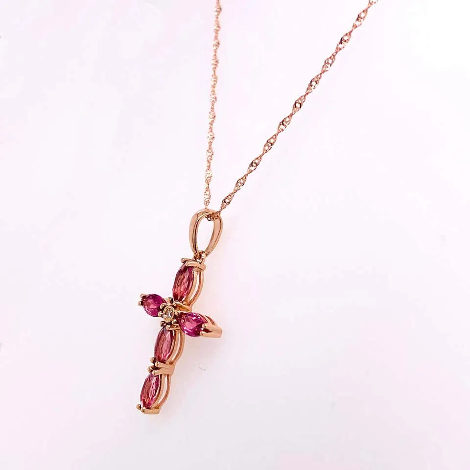 Pink Tourmaline & Diamond Cross Necklace