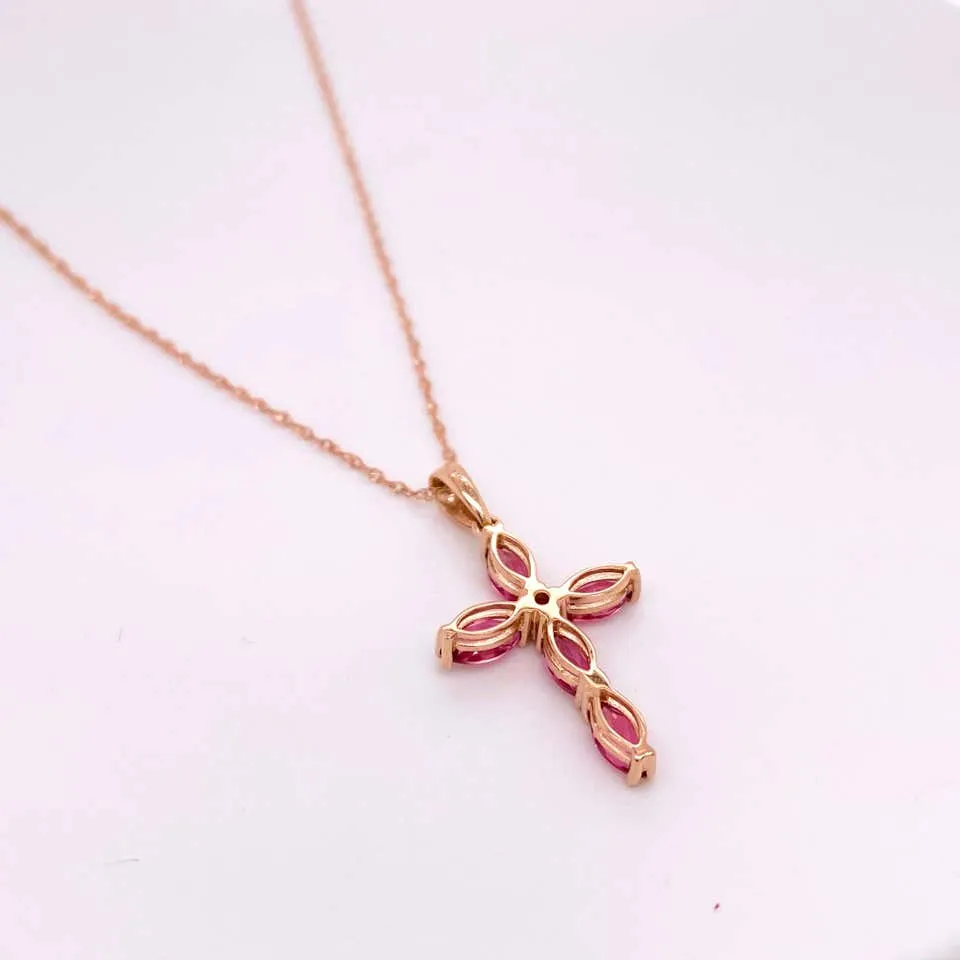 Pink Tourmaline & Diamond Cross Necklace