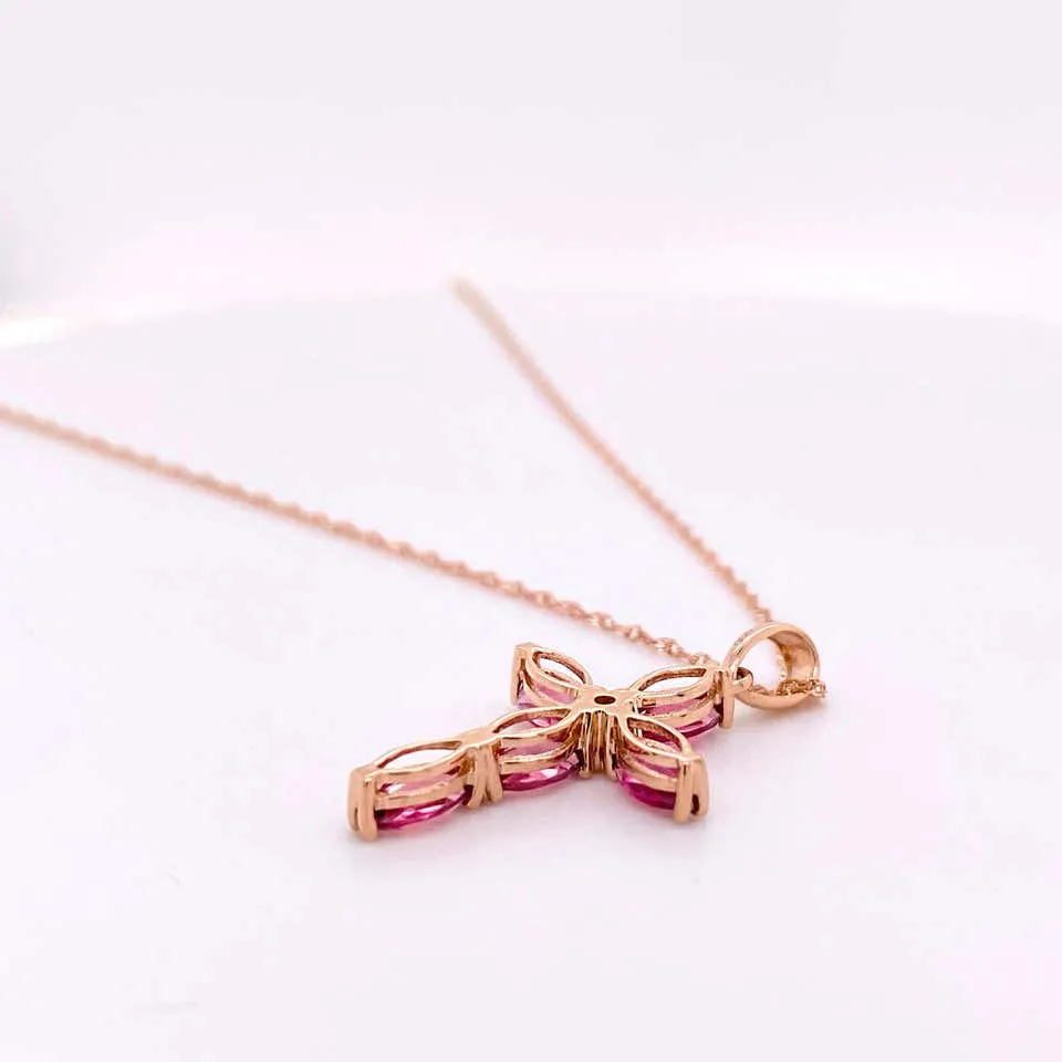 Pink Tourmaline & Diamond Cross Necklace