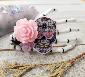 Pink/black Skeleton hand hair clip
