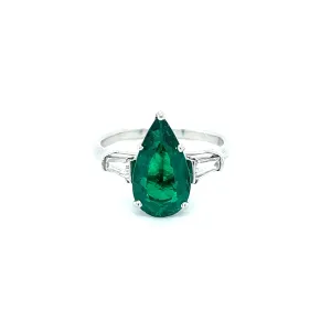 Platinum Pear Shape 1.58ct Colombian Emerald Ring with .40ctw Tapered Baguette Diamonds