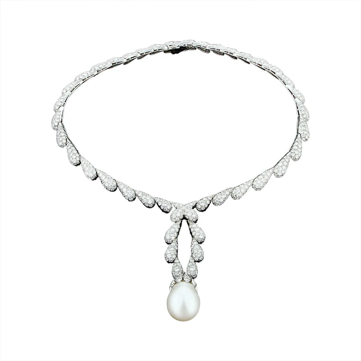 Platinum South Sea Pearl and Pave Drop Choker Necklace
