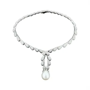 Platinum South Sea Pearl and Pave Drop Choker Necklace