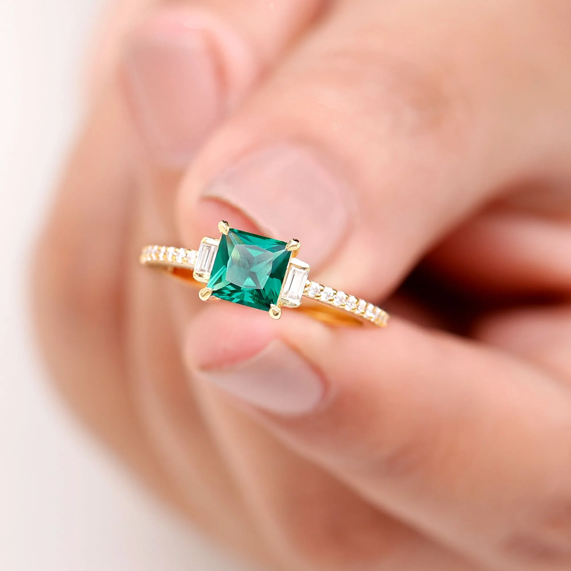 Princess Cut Created Emerald Solitaire Engagement Ring