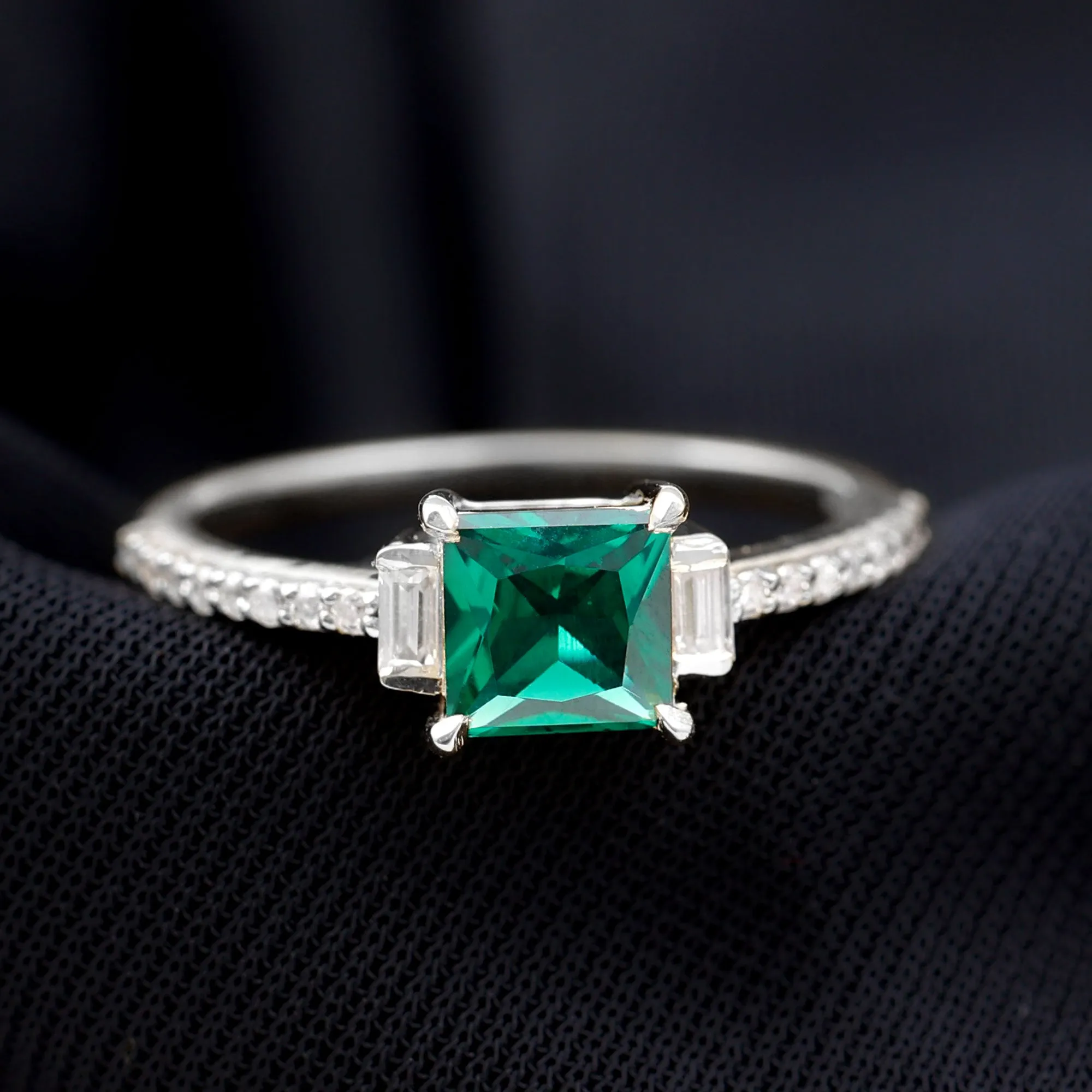 Princess Cut Created Emerald Solitaire Engagement Ring